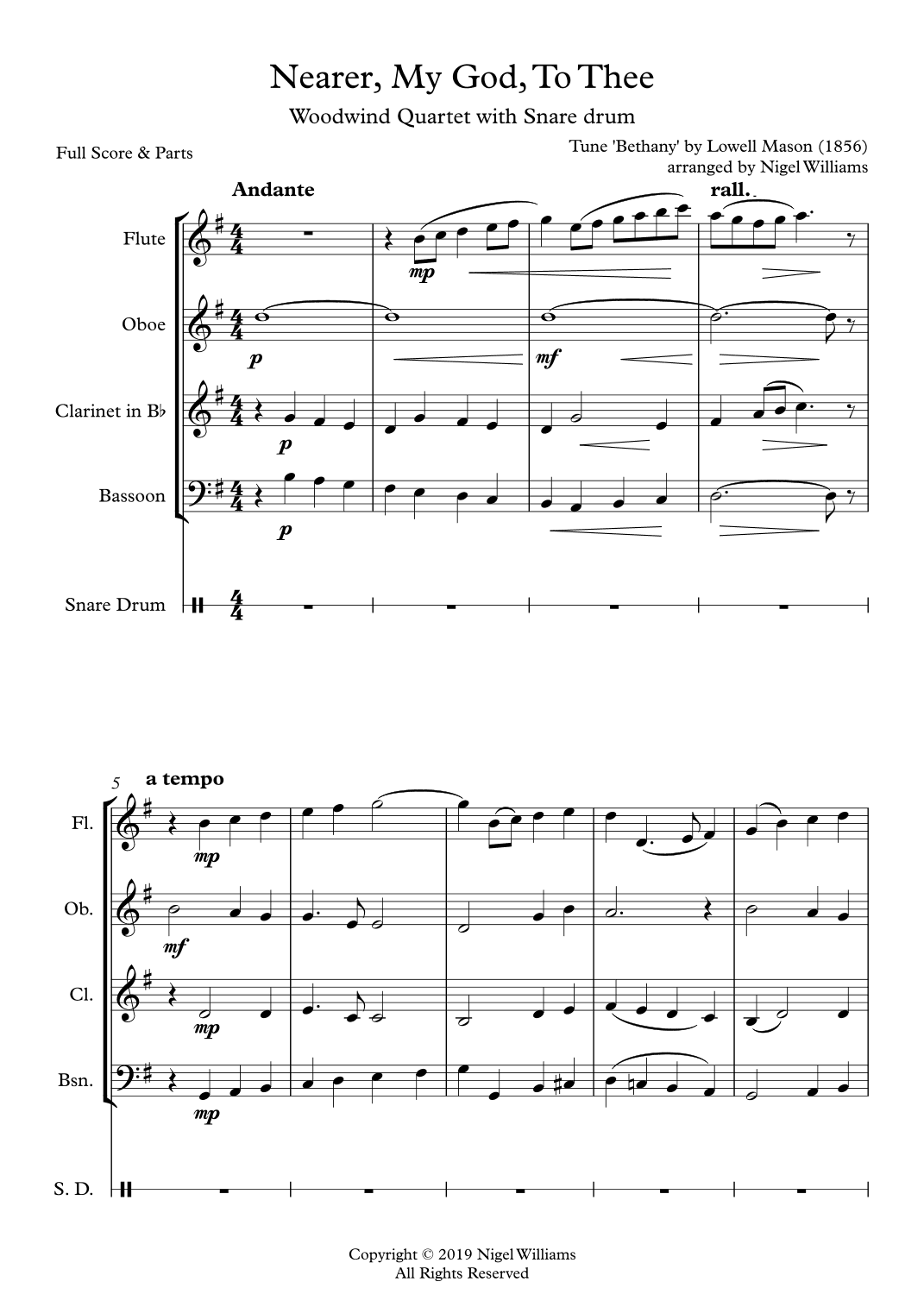 Nearer, My God, To Thee, for Wind Quartet with Snare Drum (arr. Nigel Williams)