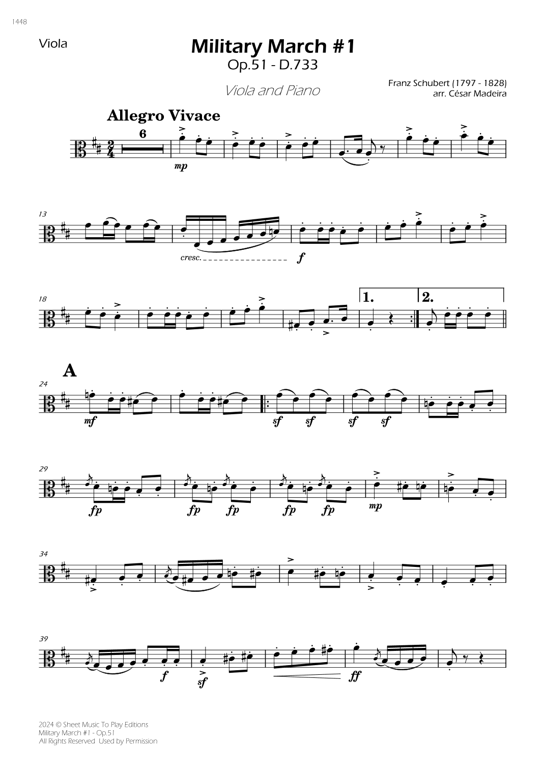 Military March No.1, Op.51 - Viola and Piano (Individual Parts) (arr. César Madeira)