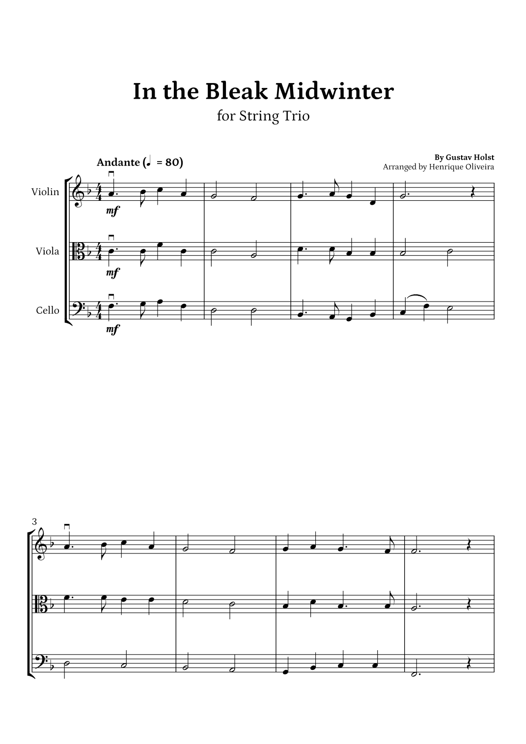 In the Bleak Midwinter (Violin, Viola and Cello) - Beginner Level (arr. Henrique Oliveira)