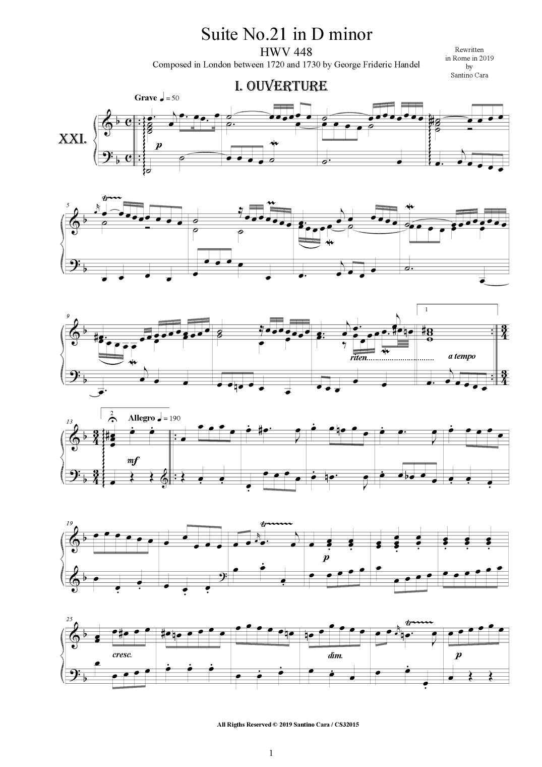 Handel - Piano Suite No.21 in D minor HWV 448 (arr. Santino Cara)