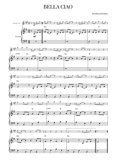 Bella Ciao with chords for Trumpet in Bb and Piano (arr. Cadenza Editions)