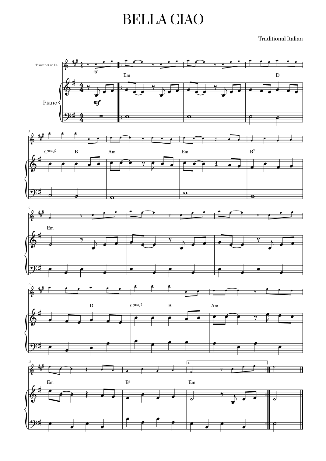 Bella Ciao with chords for Trumpet in Bb and Piano (arr. Cadenza Editions)