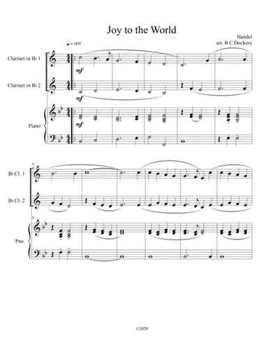 Joy to the World (clarinet duet) with optional piano accompaniment (arr. B C Dockery)