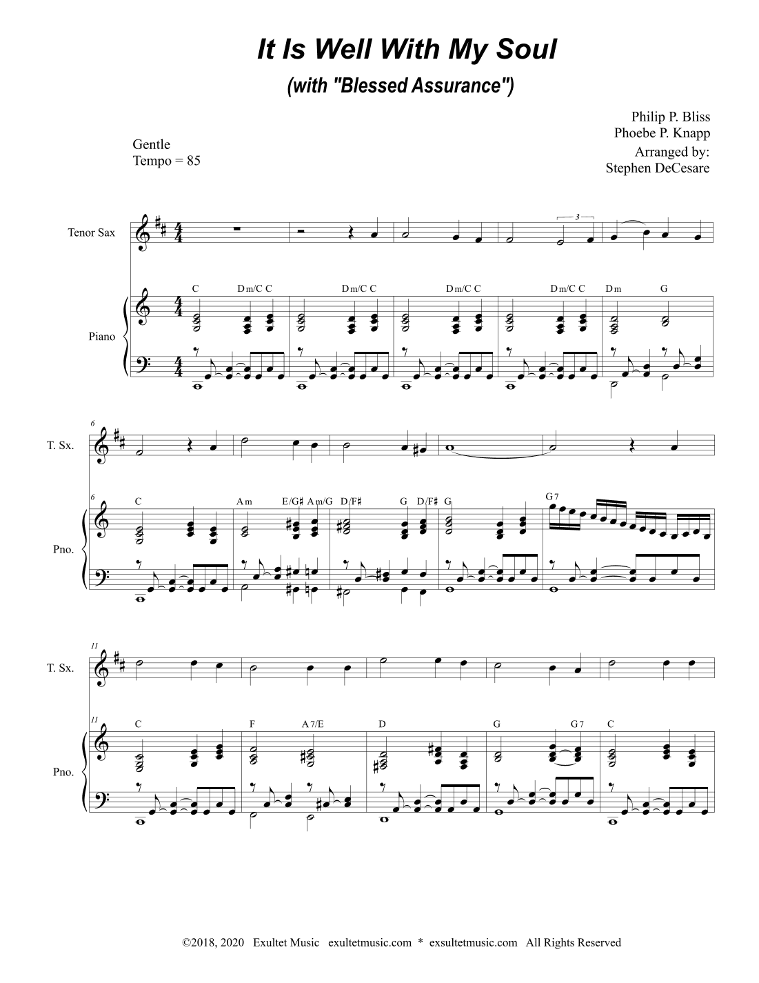 It Is Well With My Soul (with "Blessed Assurance") (for Tenor Saxophone and Piano) (arr. Stephen DeCesare)