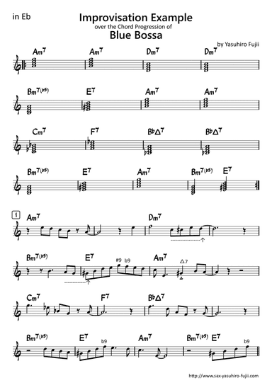 Improvisation Example over the Chord Progression of Blue Bossa (Ex1 & Ex2) for Alto Saxophone