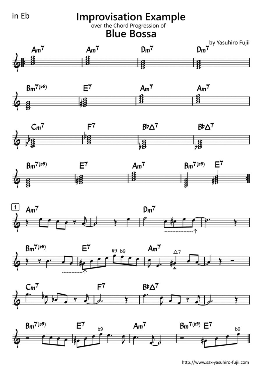 Improvisation Example over the Chord Progression of Blue Bossa (Ex1 & Ex2) for Alto Saxophone