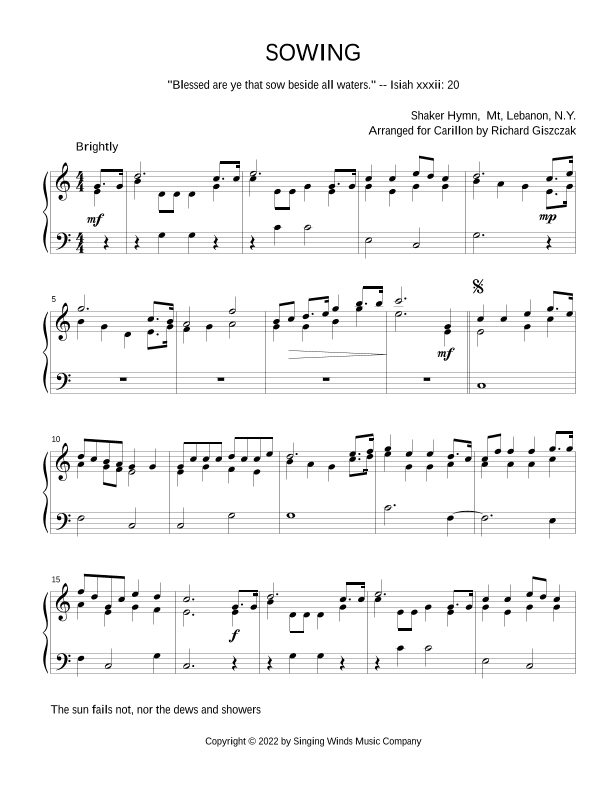 SOWING -- The sun fails not, nor the dews and showers  (Shaker hymn) (arr. Richard Giszczak)