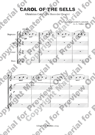 Carol of Bells - Recorder Quartet (arr. L. Müller)