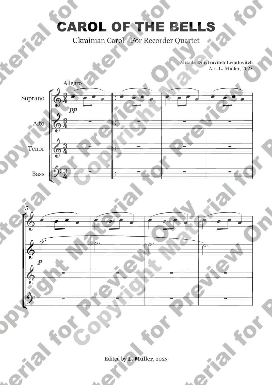 Carol of Bells - Recorder Quartet (arr. L. Müller)