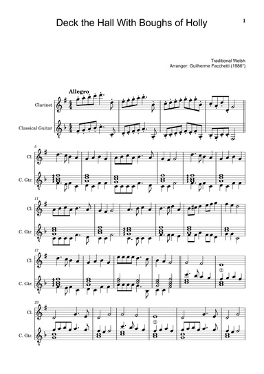 Traditional Welsh - Deck the Hall With Boughs of Holly. For Clarinet and Classical Guitar (arr. Guilherme Facchetti)