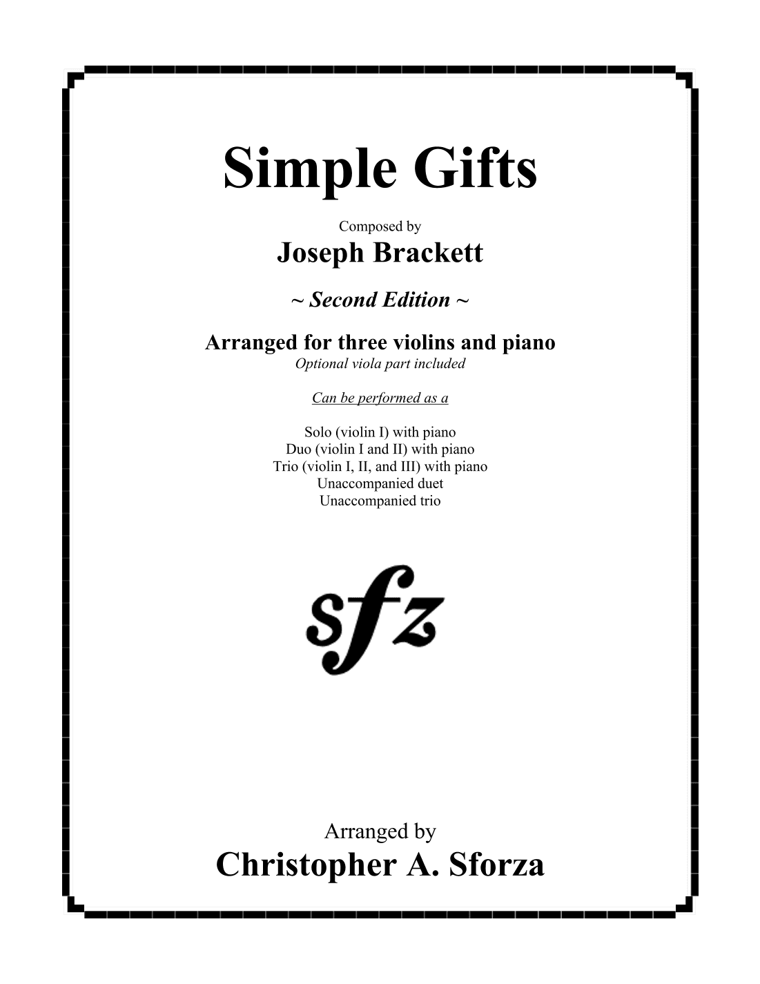 Simple Gifts, for three violins and piano (arr. Christopher A. Sforza)