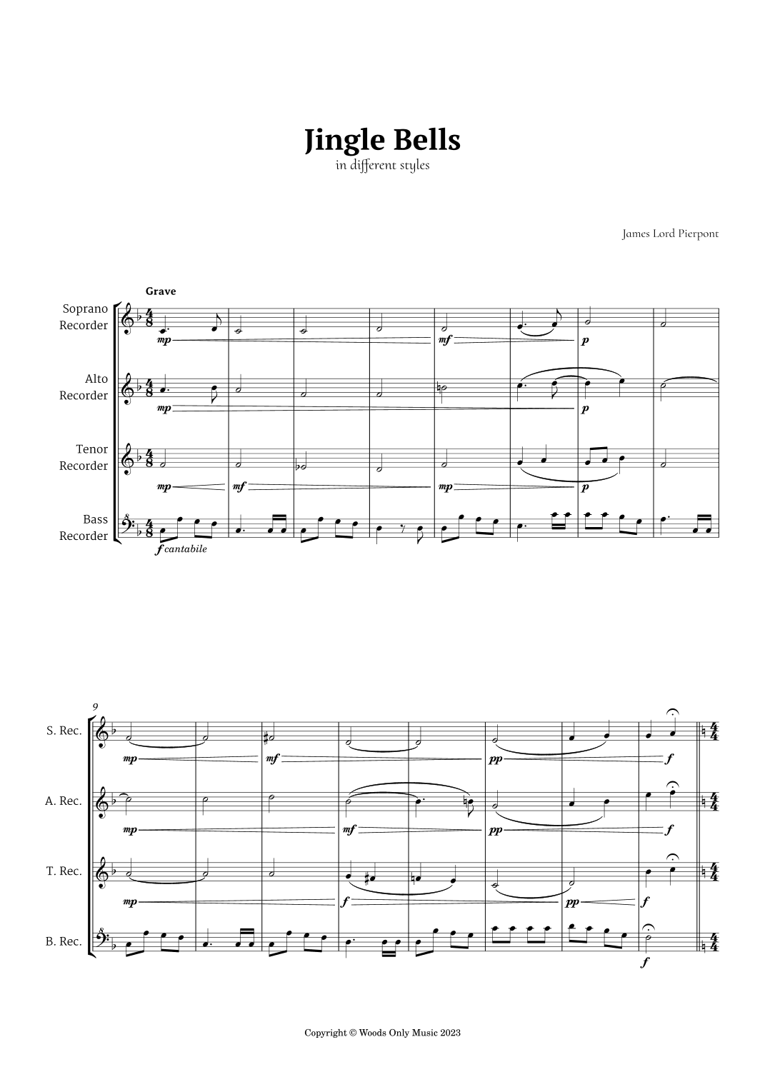 Jingle Bells in Different Styles for Recorder Quartet (arr. Ander)