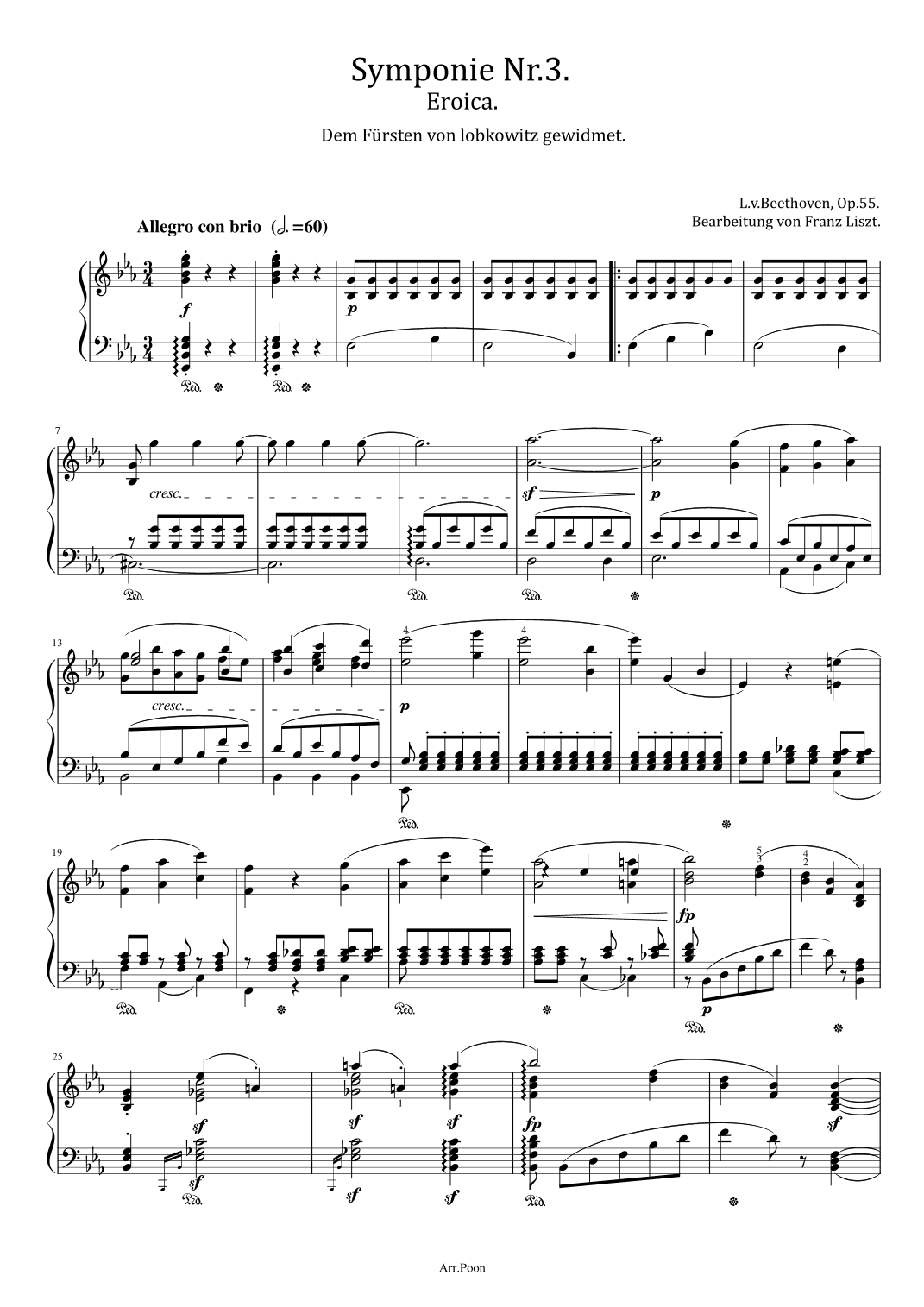 Beethoven/Liszt- Symphony No. 3, Op. 55 "Eroica" - For Piano Solo Original With Fingered Complete (arr. poon)
