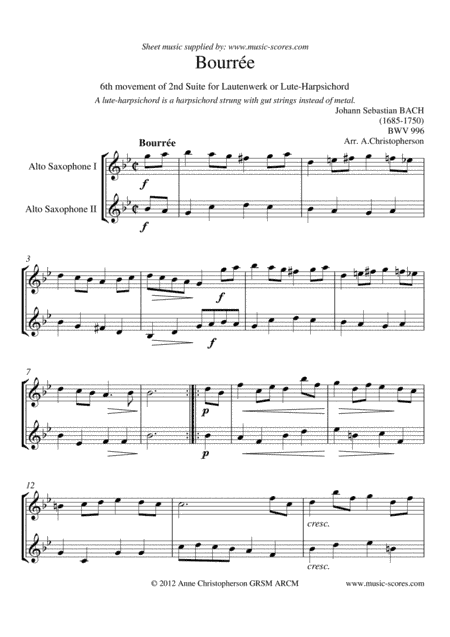 Bourrée: 6th Movement of 2nd Suite BWV 996 - 2 Alto Saxophones (arr. Anne L Christopherson GRSM ARCM)