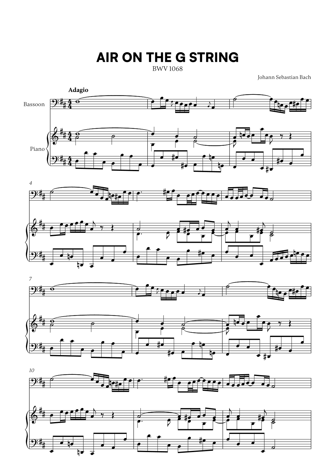 Johann Sebastian Bach - Ait on the G String (for Bassoon and Piano) (arr. Cadenza Editions)