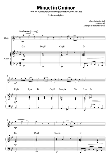 Minuet in G minor (flute and piano – clean with chords) (arr. Bernardo Pereira)