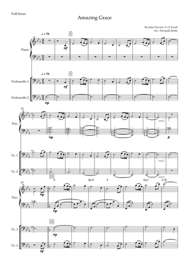 Amazing Grace (John Newton, E. O. Excell) for Cello Duo and Piano Accompaniment with Chords (arr. Fernando Britto)