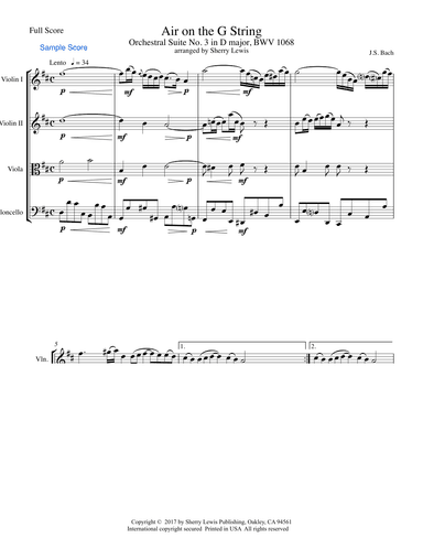 AIR ON THE G STRING for String Quartet, Intermediate Level (arr. Sherry Lewis)