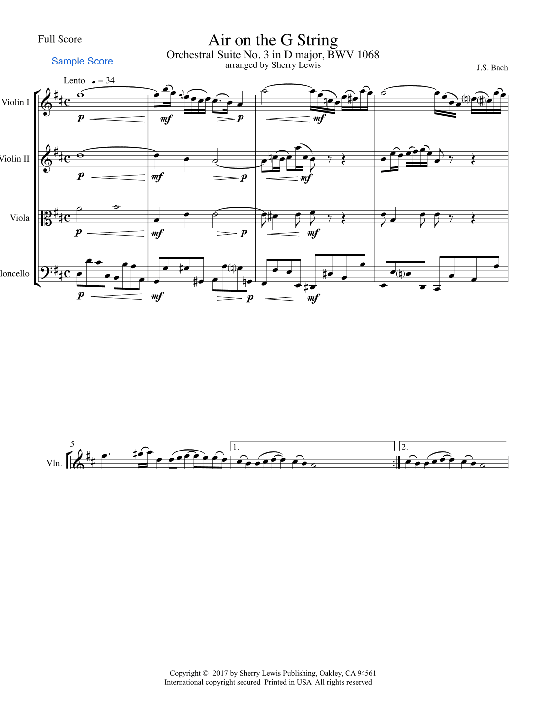 AIR ON THE G STRING for String Quartet, Intermediate Level (arr. Sherry Lewis)