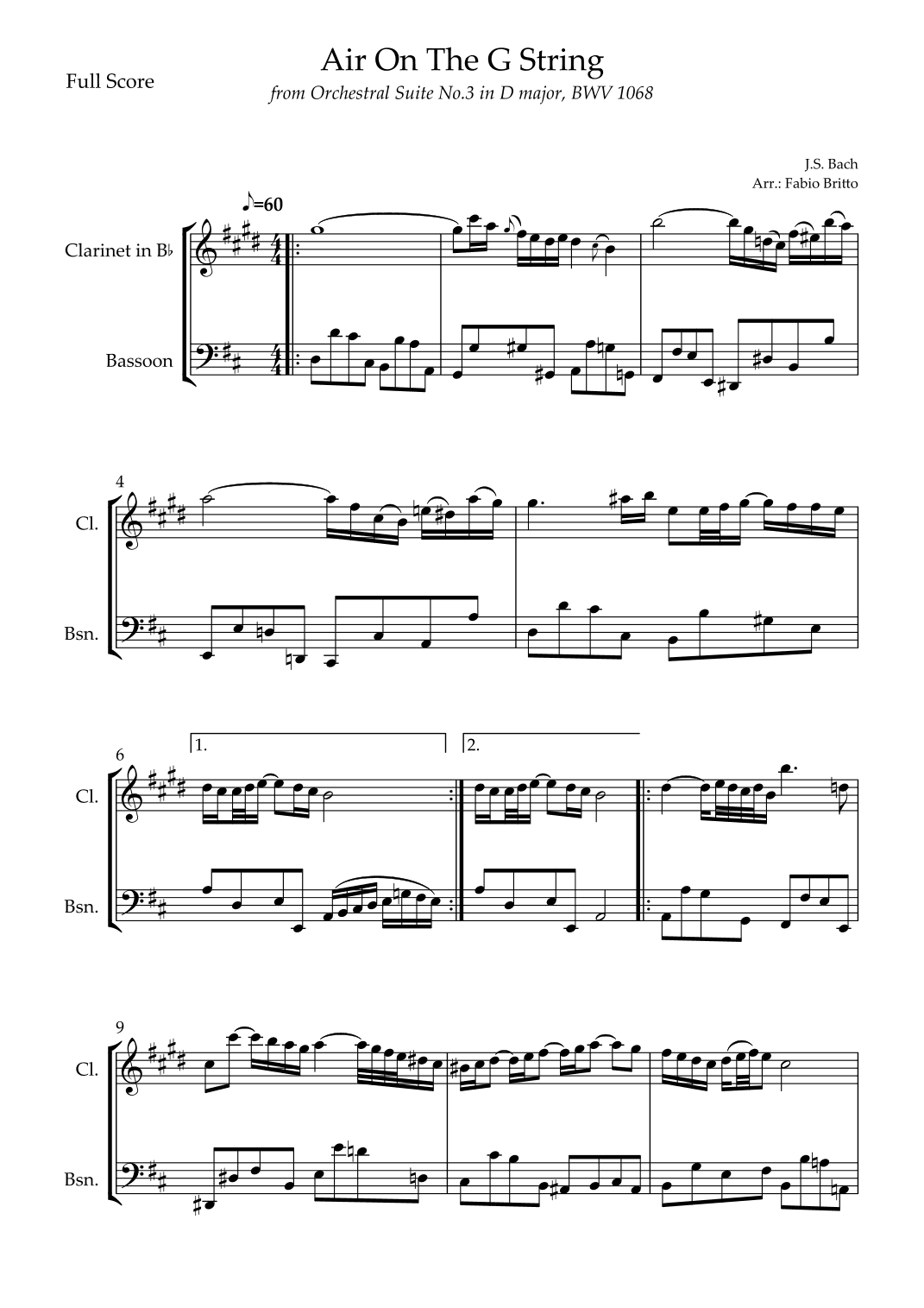 Air On The G String (J.S. Bach) for Clarinet in Bb & Bassoon Duo (arr. Fabio Britto)