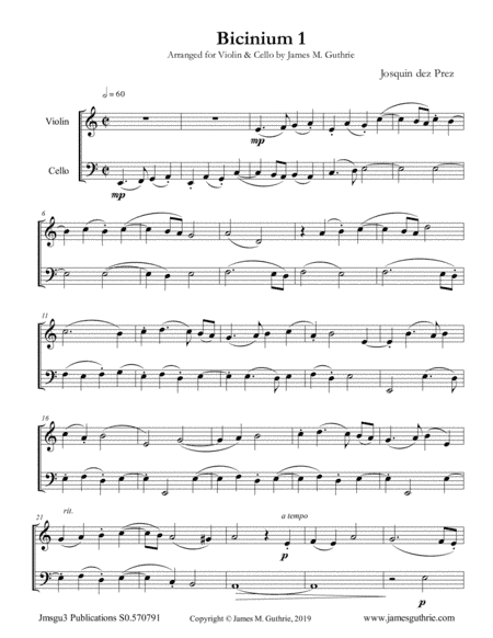 Josquin: Bicinium 1 for Violin & Cello (arr. James M. Guthrie)