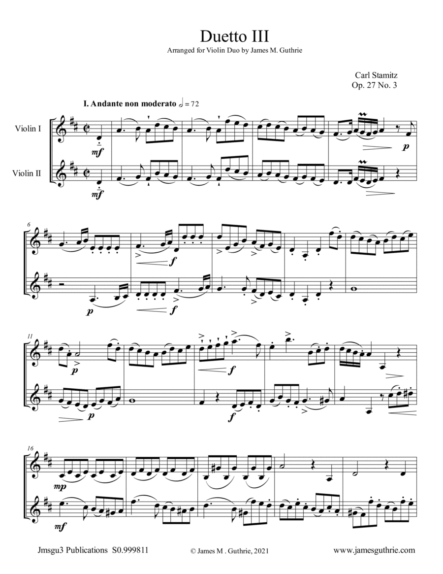 Stamitz: Duet Op.27 No. 3 for Violin Duo (arr. James M. Guthrie)