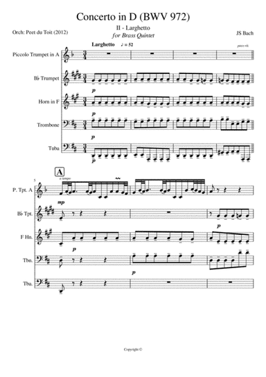 Concerto in D - Larghetto (II), BWV 972 (JS Bach) for Brass Quintet (arr. Peet du Toit)