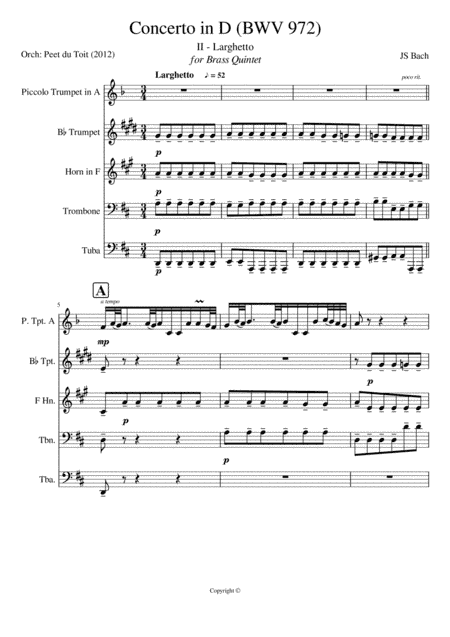 Concerto in D - Larghetto (II), BWV 972 (JS Bach) for Brass Quintet (arr. Peet du Toit)