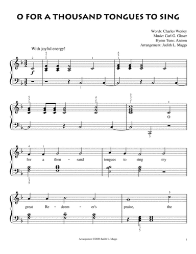O For a Thousand Tongues to Sing - Easy Piano Solo (arr. Judith. L. Maggs)
