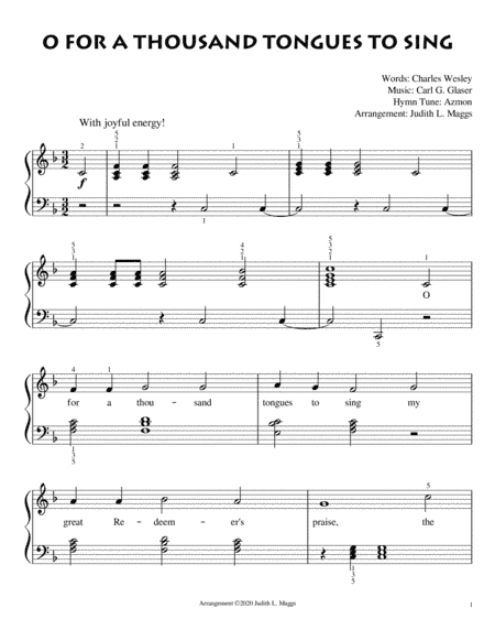 O For a Thousand Tongues to Sing - Easy Piano Solo (arr. Judith. L. Maggs)