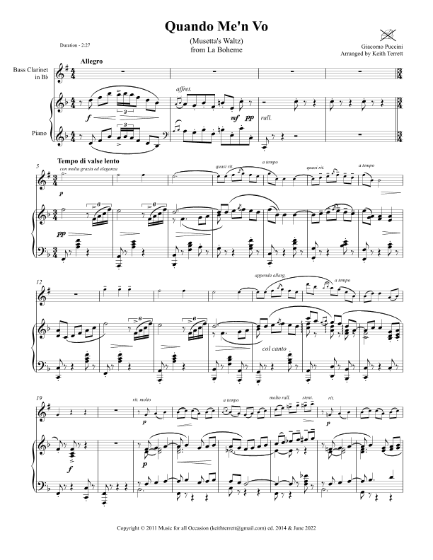 Quando Me'n Vo for  Bb Blass Clarinet & Piano (arr. Keith Terrett)