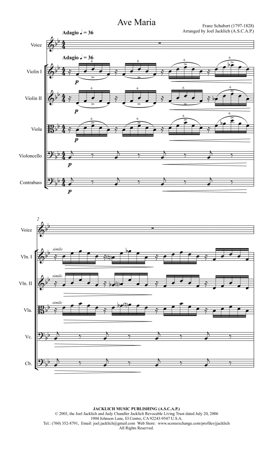 Ave Maria (Schubert) Key of Bb, for Voice with String Orchestra or String Quartet Accompaniment (arr. Joel Jacklich (ASCAP))