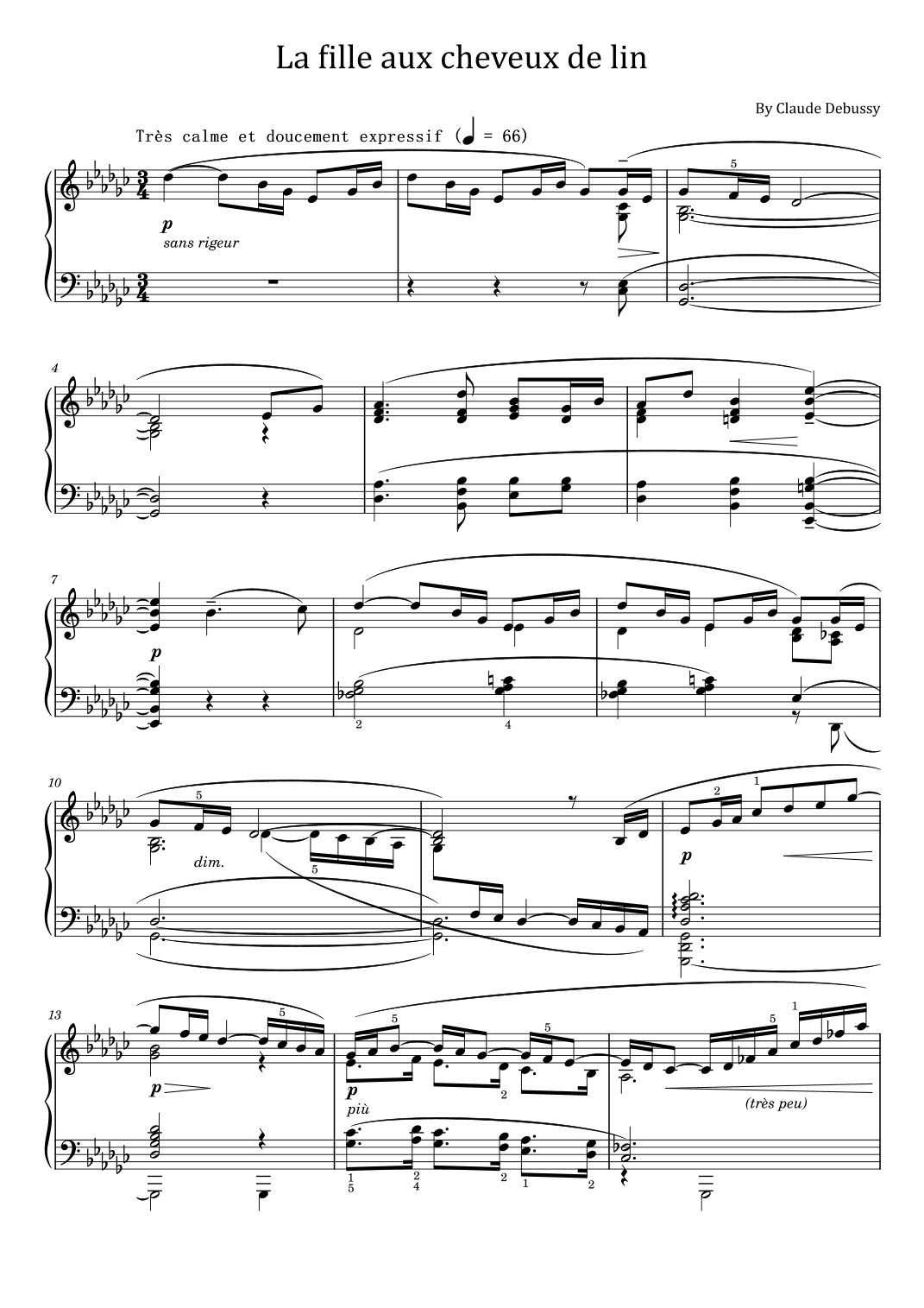 Debussy - La fille aux cheveux de lin - For Piano Solo Original With Fingered (arr. poon)