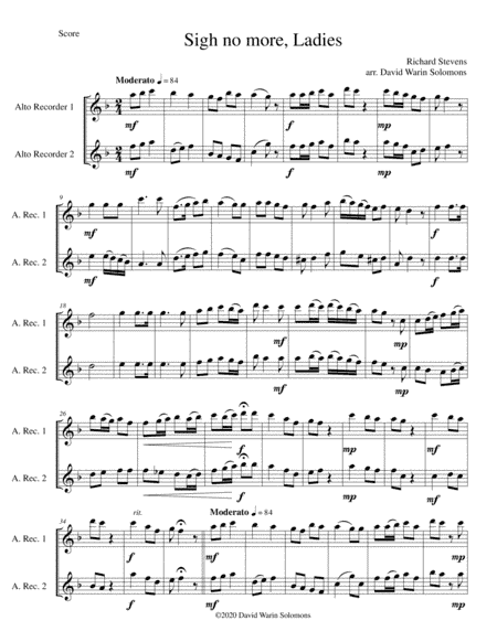 Sigh no more, Ladies for 2 alto recorders (arr. David Warin Solomons)