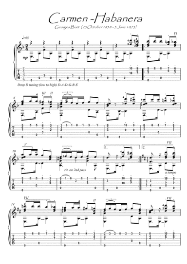 Carmen Habanera guitar solo (arr. PianoSheetNow)