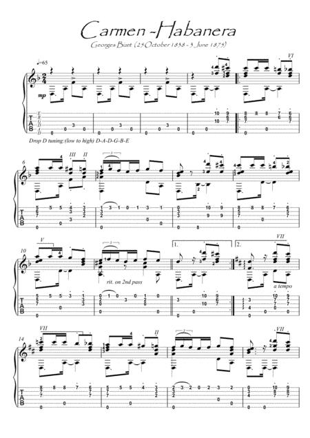 Carmen Habanera guitar solo (arr. PianoSheetNow)