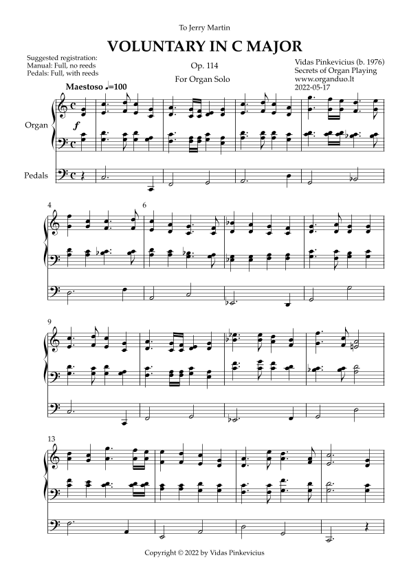 Voluntary in C Major, Op. 114 (Organ Solo) by Vidas Pinkevicius (2022)