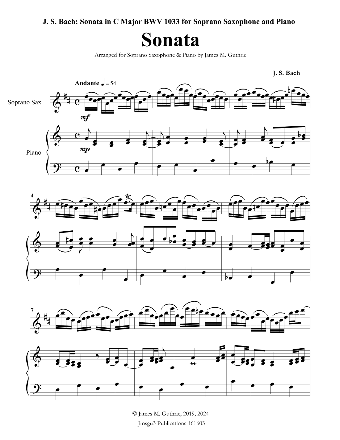 BACH: Sonata BWV 1033 for Soprano Sax & Piano (arr. James Guthrie, ASCAP)