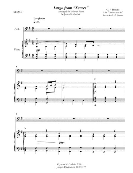Handel: Largo from Xerxes for Cello & Piano (arr. James M. Guthrie, ASCAP)