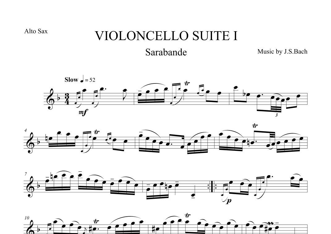 Sarabande from Violoncello Suite I by J.S.Bach for Alto Saxophone (arr. The Sheet Music Library)