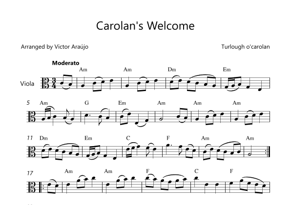Carolan's Welcome - Lead Sheet for Viola with Chord Symbols (arr. Victor Araújo)