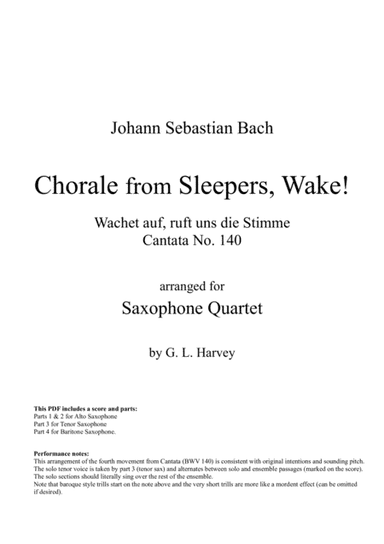 Chorale from Sleepers, Wake! (BWV 140) for Saxophone Quartet (arr. G L Harvey)