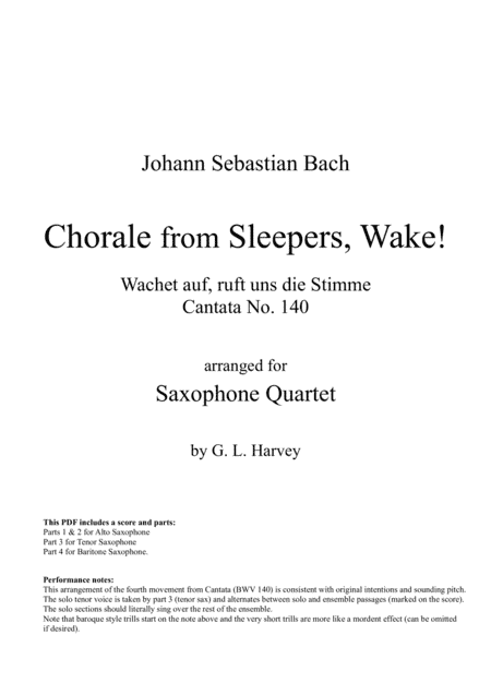 Chorale from Sleepers, Wake! (BWV 140) for Saxophone Quartet (arr. G L Harvey)