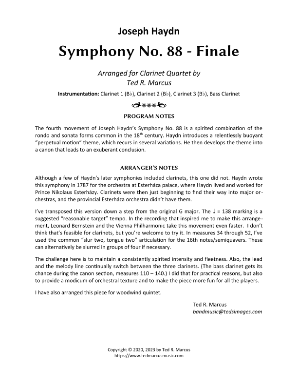 Symphony No. 88 Finale (4th Movement) for Clarinet Quartet (arr. Ted R. Marcus)