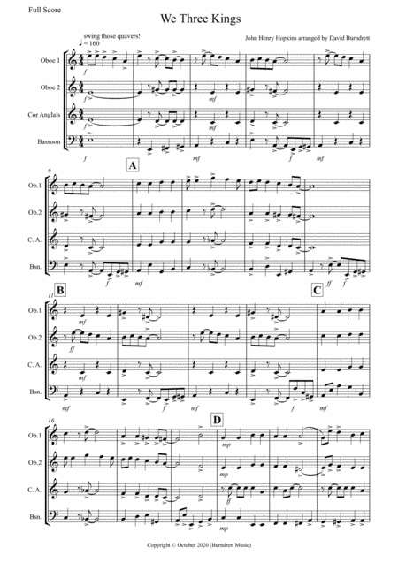We Three Kings (Jazzy Style!) for Double Reed Quartet (arr. David Burndrett)