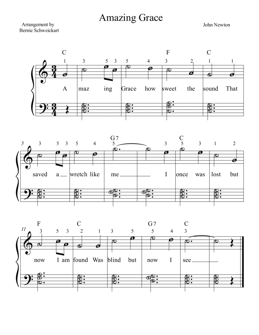 Amazing Grace VERY EASY-BIG NOTE VERSION WITH FINGERING (arr. Bernie Schweickart)