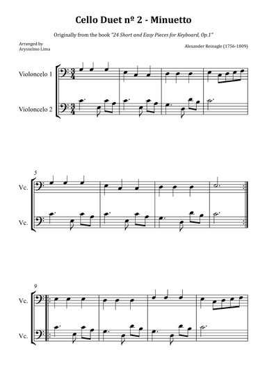 Cello Duet nº 2 – Minuetto (Originally from the book "24 Short and Easy Pieces for Keyboard, Op.1") (arr. Arysselmo Lima)