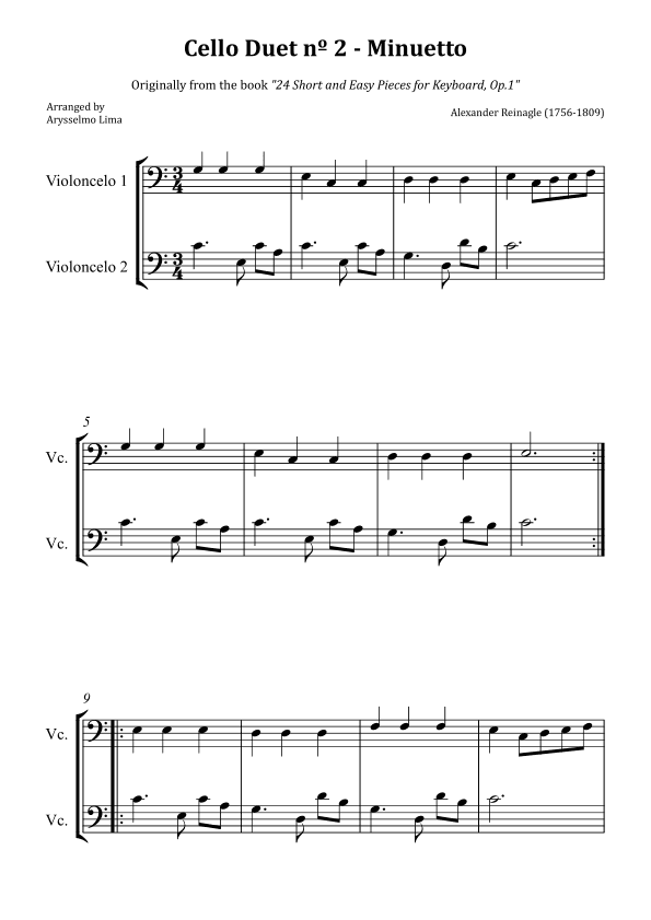 Cello Duet nº 2 – Minuetto (Originally from the book "24 Short and Easy Pieces for Keyboard, Op.1") (arr. Arysselmo Lima)