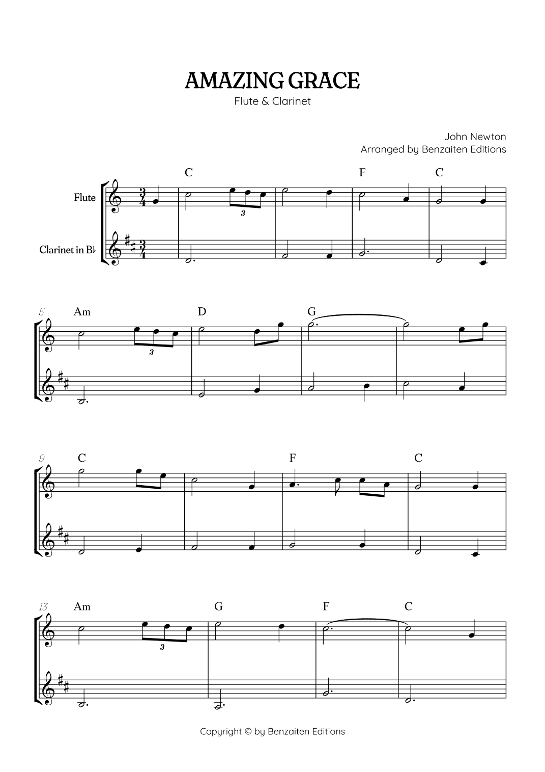 Amazing Grace • easy flute and clarinet sheet music with chords (arr. Benzaiten Editions)