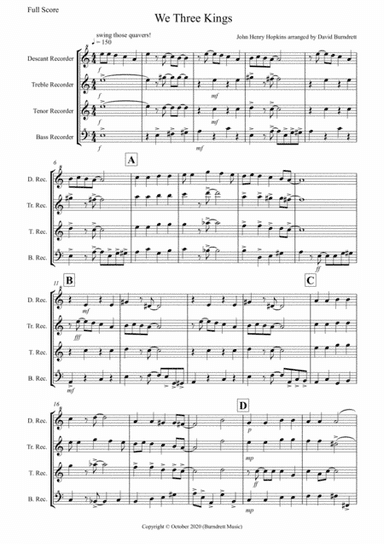 We Three Kings (Jazzy Style!) for Recorder Quartet (arr. David Burndrett)